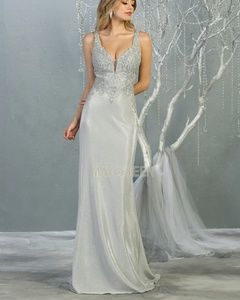 Designer fitted gold or silver fitted lace bodice long gown